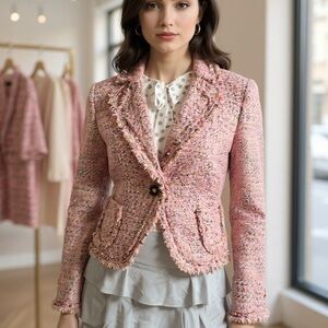 Valerie Stevens Pink Tweed Jacket flower jeweled button